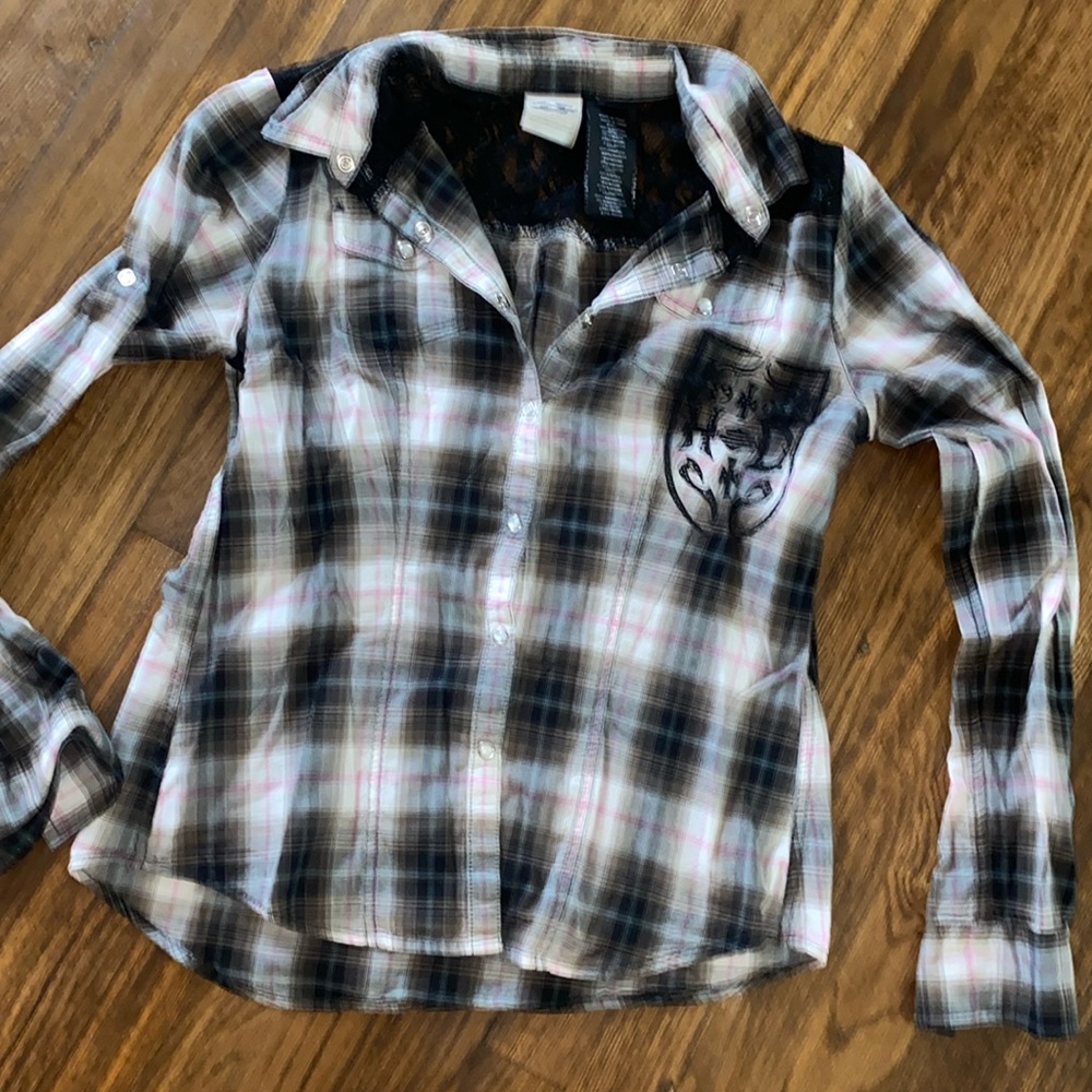 Plaid and lace, Harley Davidson long sleeve top M